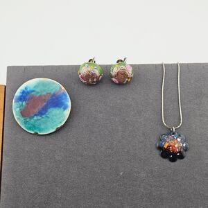 Enamel Jewelry Set Earrings Necklace Brooch Colorful Artsy Renaissance Fairy